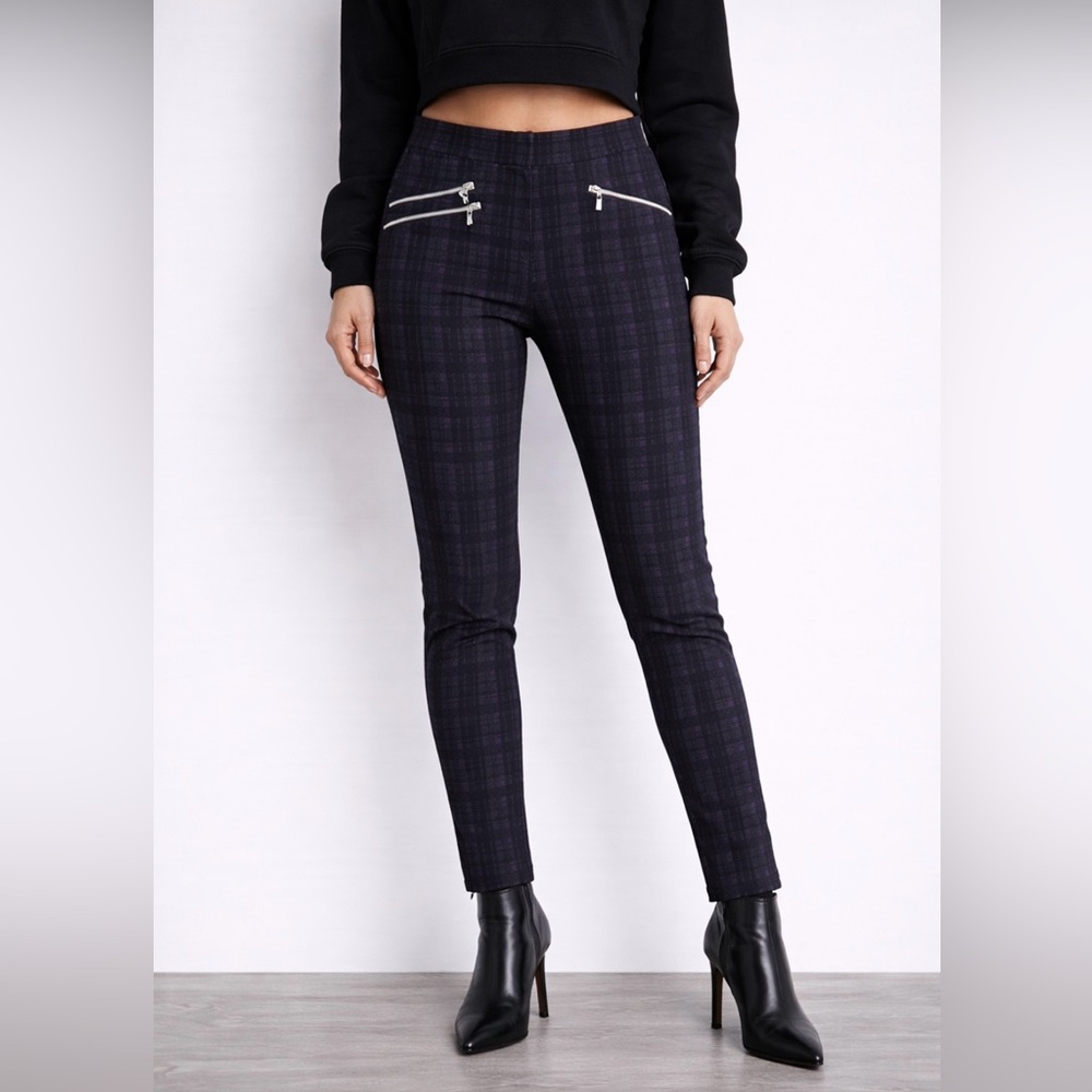 Joseph Ribkoff Plaid Skinny Pants Black Purple Zip Detail High Waist Size 8